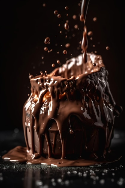 Una tarta de chocolate con un chorrito de líquido.