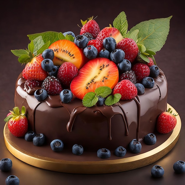 Tarta de chocolate decorada con frutas