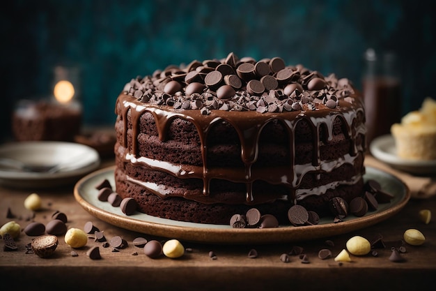 Tarta de chocolate decorada con trozos de chocolate