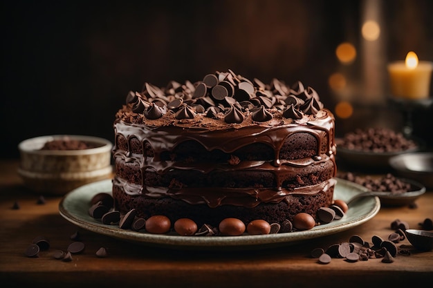 Tarta de chocolate decorada con trozos de chocolate