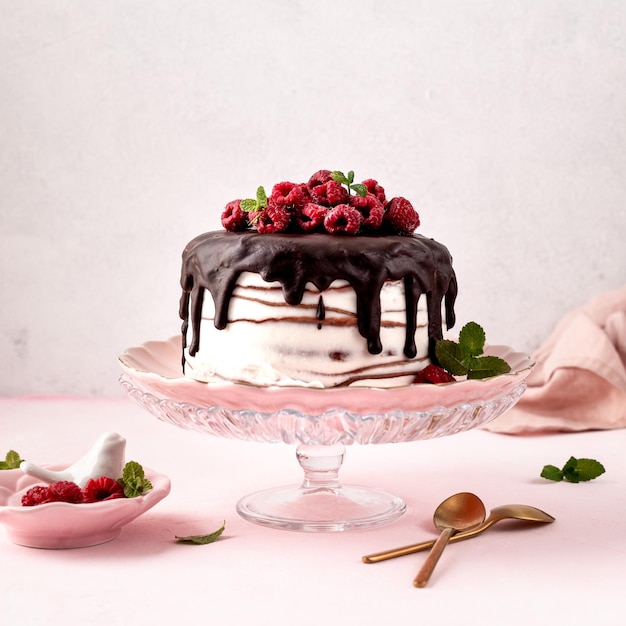 Tarta de chocolate con frambuesas frescas sobre un fondo rosado