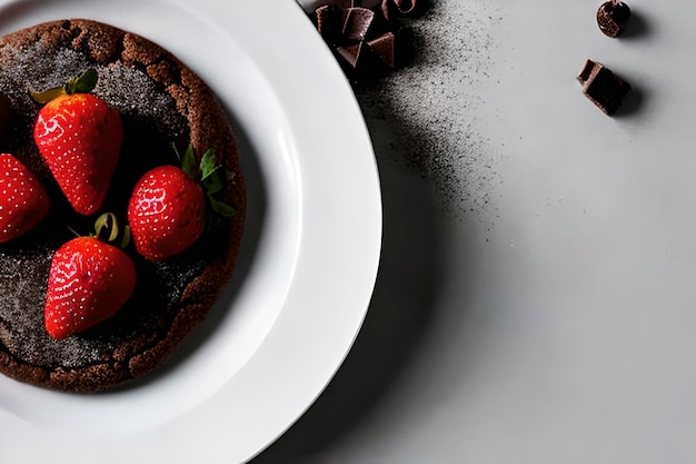 Tarta de chocolate y un poco de fruta de fresa sirven en un plato con espacio negativo