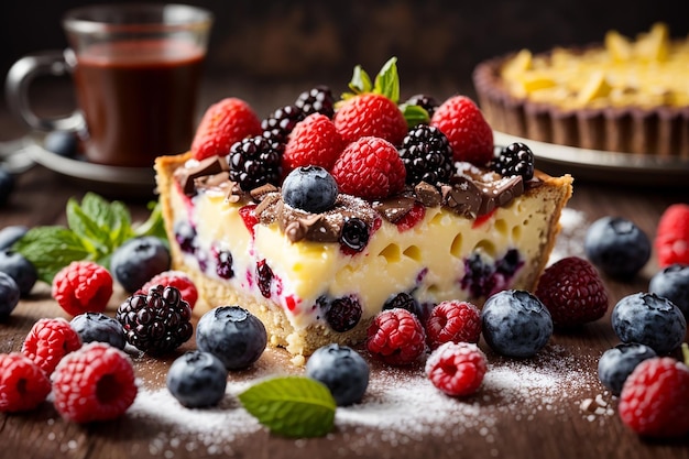 Tarta con chocolate, queso y frutos rojos el desayuno es dulce con arándanos