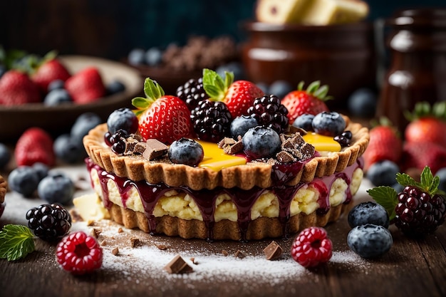 Tarta con chocolate, queso y frutos rojos el desayuno es dulce con arándanos