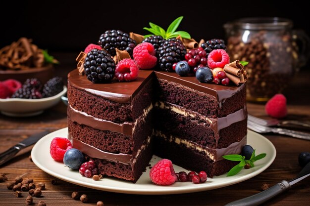 Tarta de chocolate con una rebanada faltante que revela un relleno de fresas frescas