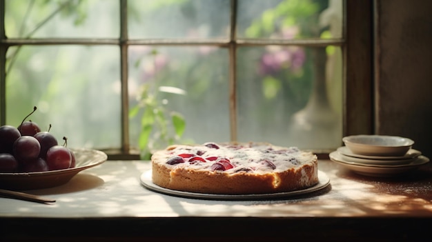 Tarta de ciruela fresca junto a la ventana con espacio para copiar