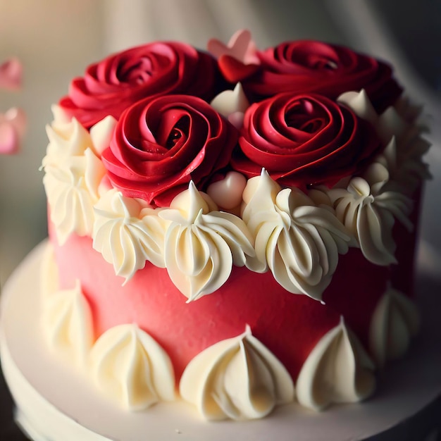 Tarta de crema blanca roja con rosas y corazones