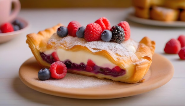 Una tarta de croissant de bayas con una cuchara de helado en la parte superior en una placa de cerámica de color pastel