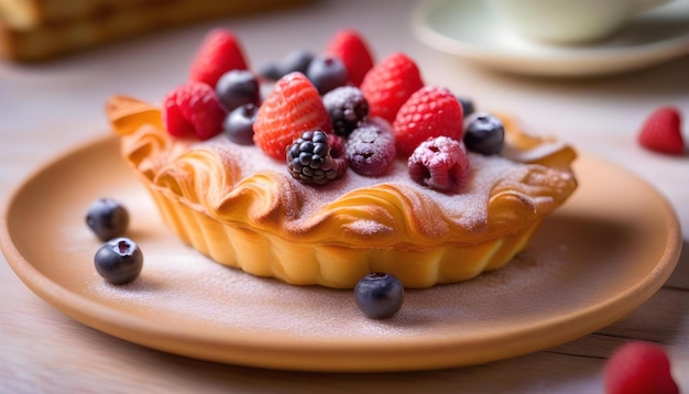 Una tarta de croissant de bayas con una cuchara de helado en la parte superior en una placa de cerámica de color pastel