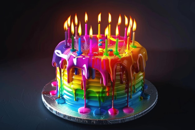 Tarta de cumpleaños arco iris con velas de colores y glaseado goteador