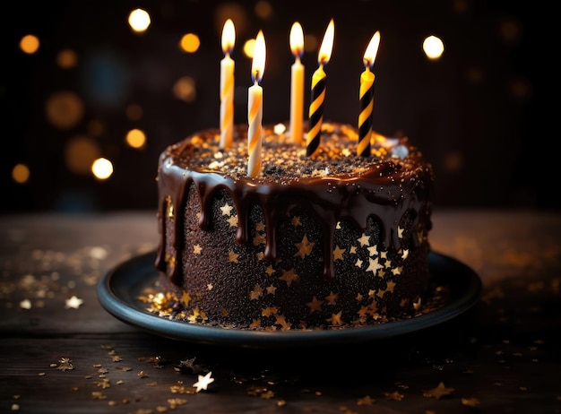 Tarta de cumpleaños de chocolate con velas doradas