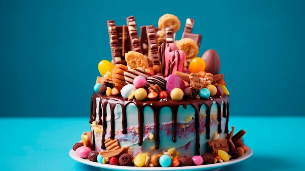 Tarta de cumpleaños colorida decorada con dulces en un fondo azul vertida con chocolate IA generativa