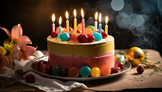 Tarta de cumpleaños colorida con velas encendidas