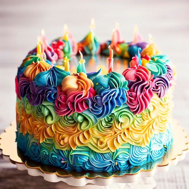 Tarta de cumpleaños decorada con glaseado de crema de mantequilla multicolor
