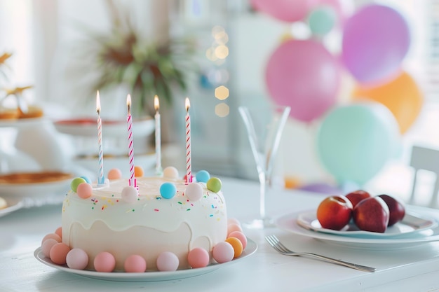 Tarta de cumpleaños decorada con velas encendidas y globos en el fondo