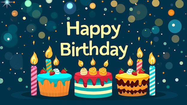 Tarta de cumpleaños en fondo mágico con bokeh y chispas diseño de tarjeta de felicitación de cumpleañas