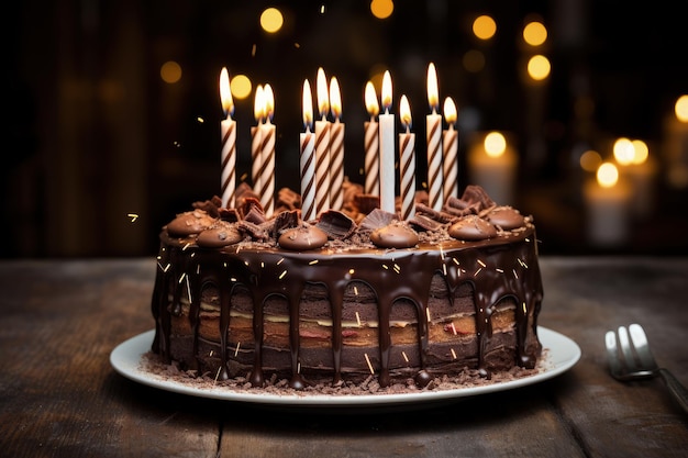 Tarta de cumpleaños hecha de chocolate y adornada con velas.