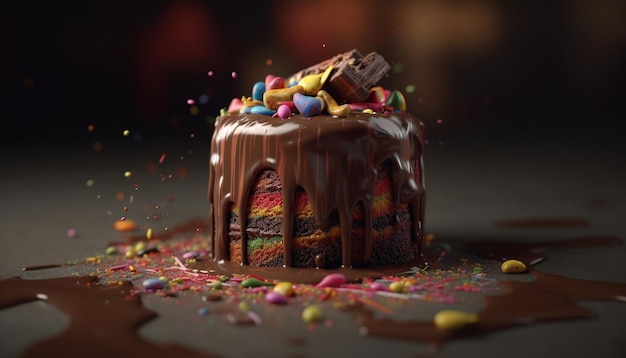 Tarta de cumpleaños multicolor con glaseado de chocolate y decoración de fresa generada por inteligencia artificial