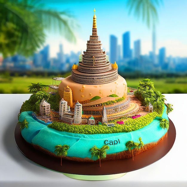 Foto tarta de cumpleaños con paisaje de bangkok 3d descarga de imágenes realistas