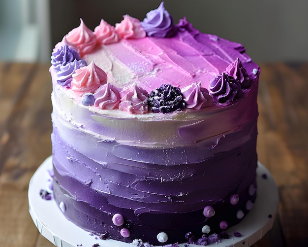 Tarta de cumpleaños púrpura con glaseado de queso crema enfoque selectivo