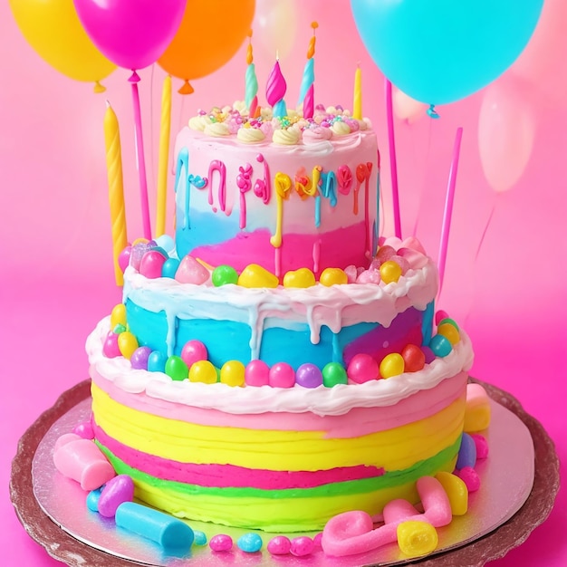 Tarta de cumpleaños rosa con velas fiesta de cumpleaños para niños Fiesta de cumpleaños internacional