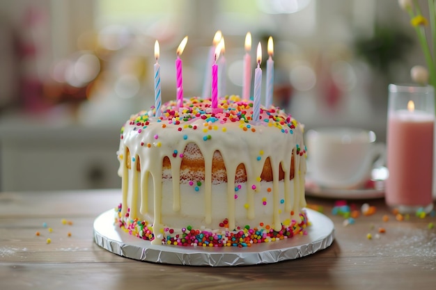 Tarta de cumpleaños Tarta de aniversario con salpicaduras blancas de glaseado y velas de aniversario de colores