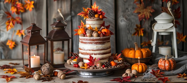 Tarta de cumpleaños con tema de otoño con hojas de otoño calabazas bellotas decoración de mesa rústica