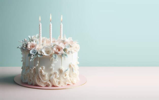 Tarta de cumpleaños de tres velas con un fondo azul pálido Copiar espacio para mensaje publicitario de texto l