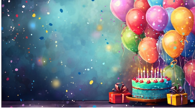 Tarta de cumpleaños con velas y globos sobre fondo de madera