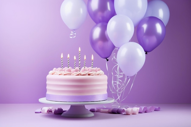 Tarta de cumpleaños con velas y globos sobre fondo morado.