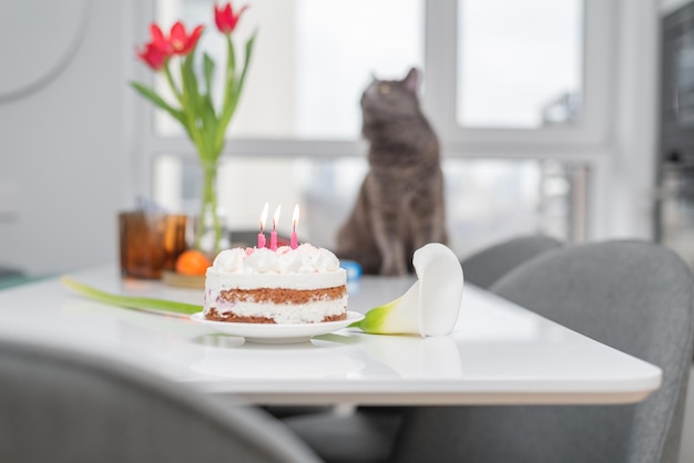 Tarta de cumpleaños con velas rosas Tarta de queso con frambuesas