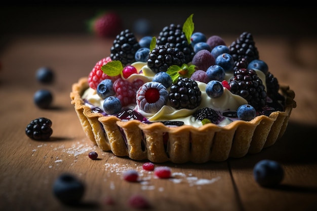 Tarta dulce con ilustración de bayas del bosque rojo azul AI generativa