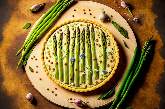 Tarta de espárragos sobre masa fina de manteca con decoración en el borde