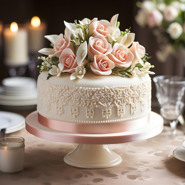 Tarta festiva decorada con flores hechas de mástica culinaria