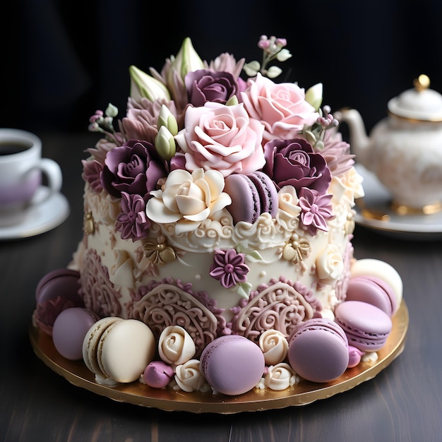 Tarta festiva decorada con flores hechas de mástica culinaria