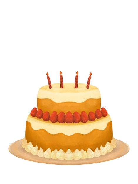 Tarta festiva de dos niveles con velas en un estilo plano sobre un fondo blanco Tarta rosa amarilla deliciosa