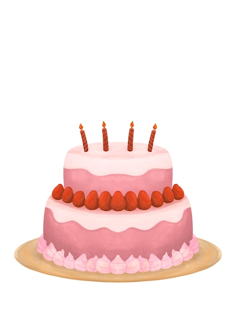 Tarta festiva de dos niveles con velas en un estilo plano sobre un fondo blanco Tarta rosa amarilla deliciosa