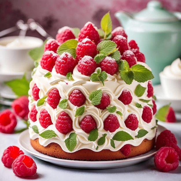 Tarta de frambuesa con crema blanca decorada con hojas de frambuesa y menta Ai Generated