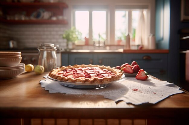 Tarta de fresa casera al horno sobre fondo de cocina de mesa de madera rústica AI generó enfoque selectivo