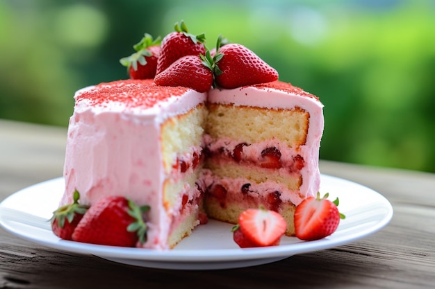 Foto tarta de fresa con una rebanada que se sirve en un té alto del día de la madre