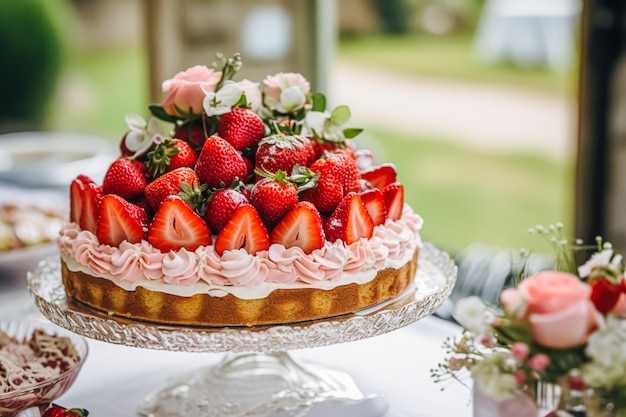 Tarta de fresas para bodas, cumpleaños y celebraciones de fiestas, postres festivos, comidas, catering, estilo rural, ai generativo.