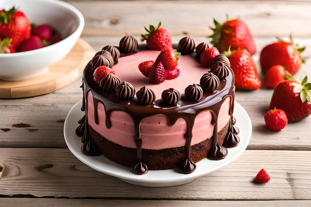 Tarta de fresas con ganache de chocolate y fresas encima