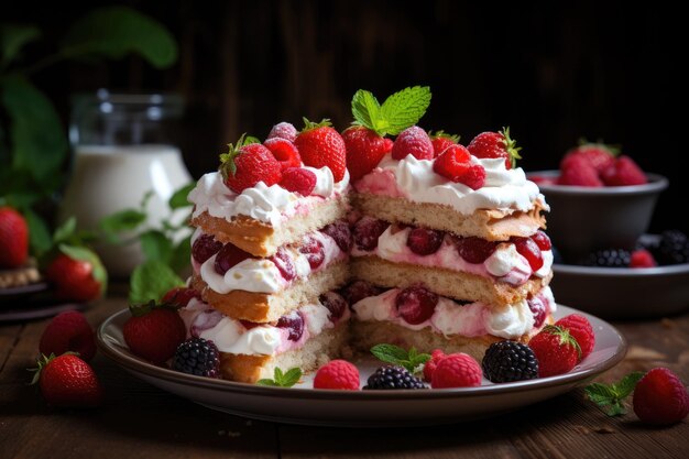 Tarta de fresas con nata montada y frutas frescas generativa IA