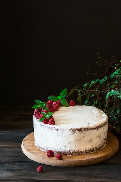 Tarta de fruta cremosa. Pastel de frambuesa y chocolate. Pastel de chocolate. Decoración de menta. Tarta de queso. Negro