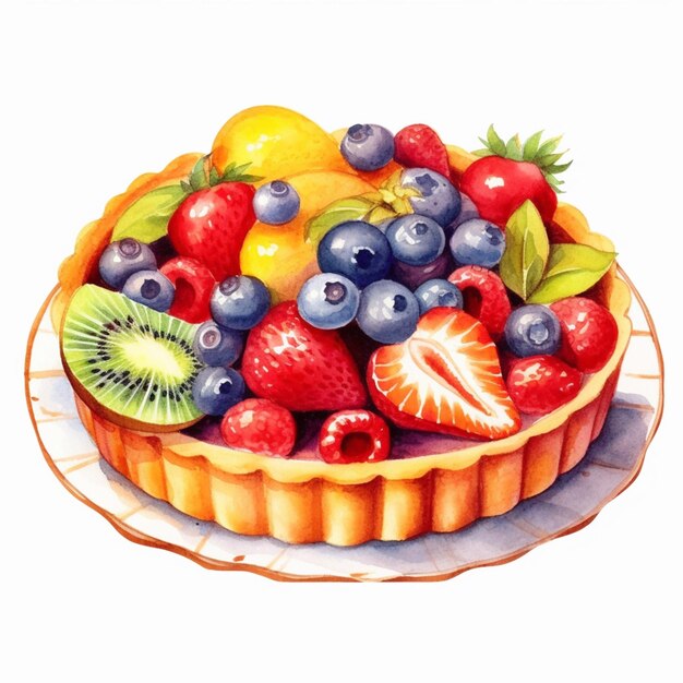 Una tarta de frutas con arándanos y kiwi encima.