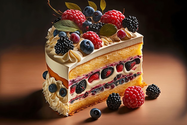 Tarta de frutas con capa de delicada nata blanca y frutos rojos y negros