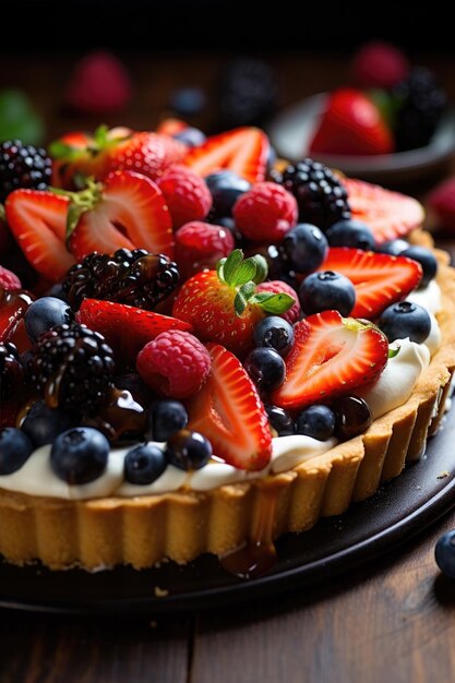 Una tarta de frutas con crema y fresas