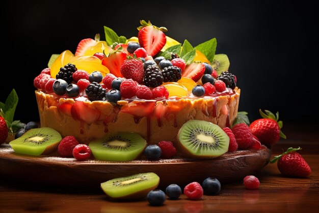 Una tarta de frutas con diferentes colores de pepino y fresas