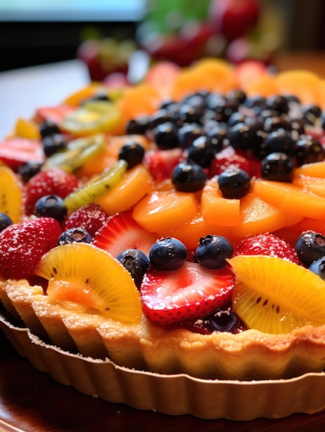 una tarta de frutas con diferentes frutas en la parte superior