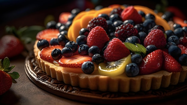 Una tarta de frutas con un fondo oscuro